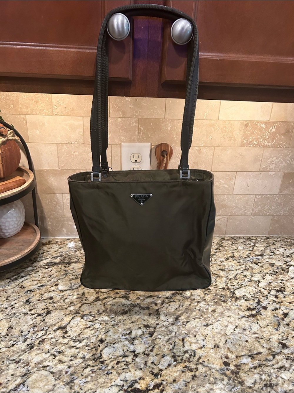 Prada Green Nylon Shoulder Bag Silver Hardware Logo Plaque with 2 coa